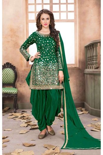 Taffeta Silk Embroidery Patiala Suit In Green Colour - SM1640837