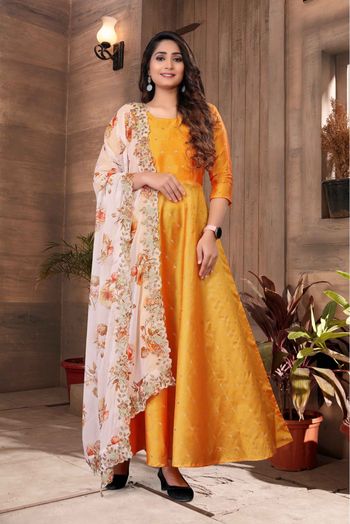 Taffeta Silk Printed  Gown In Yellow Colour - GW5680317