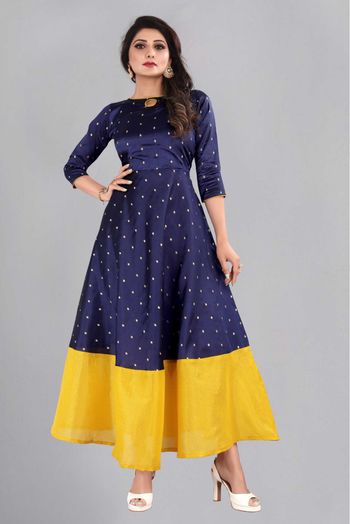 Taffeta Silk Printed Gown In Blue And Yellow Colour - GW5680311