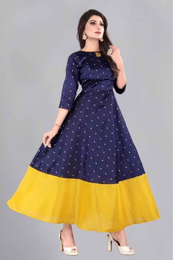 Taffeta Silk Printed Gown In Blue And Yellow Colour - GW5680311