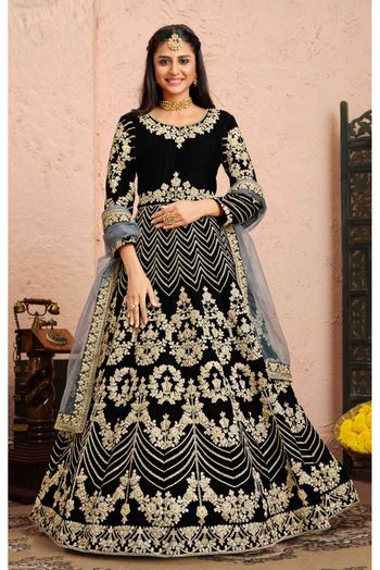 Velvet Embroidery Anarkali Suit In Black Colour - SM1640815