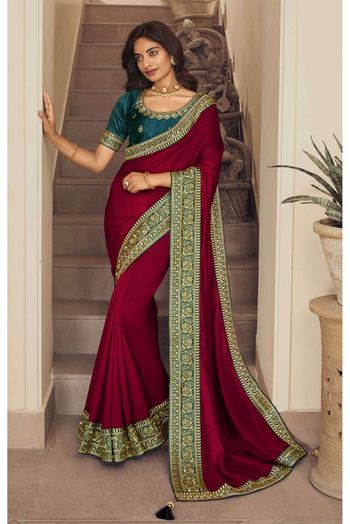 Buy Maroon Threadwork Art Silk Saree - Koskii