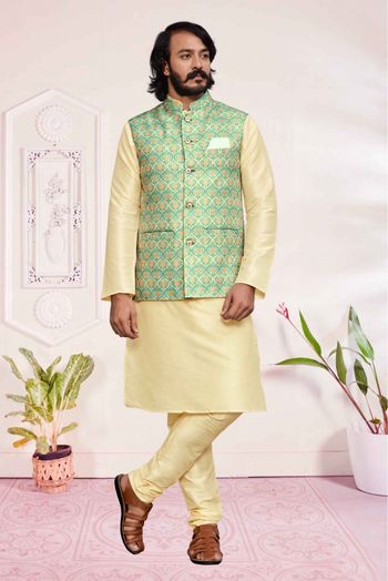 Art Silk Kurta Pajama With Jacket In Cream And Green Colour - KP1047537