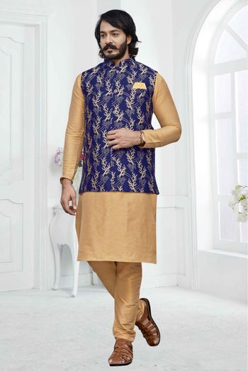 Art Silk Kurta Pajama With Jacket In Gold And Blue Colour - KP1047556