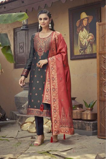 Banarasi Jacquard Woven Pant Style Suit In Black Colour - SM1357478