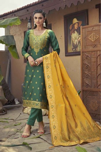 Banarasi Jacquard Woven Pant Style Suit In Green Colour - SM1357479
