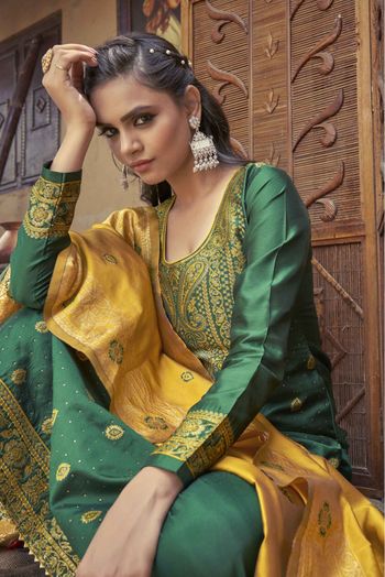 Banarasi Jacquard Woven Pant Style Suit In Green Colour - SM1357479