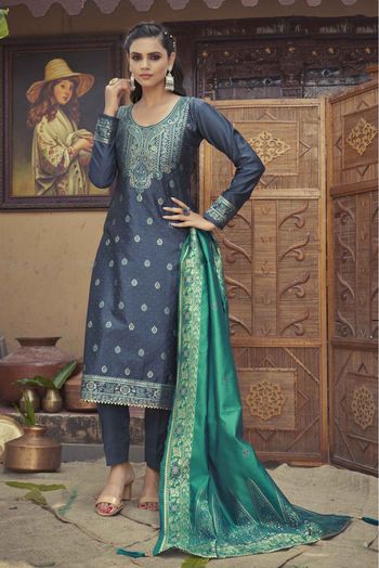 Banarasi Silk Woven Pant Style Suit In Royal Blue Colour - SM1357655