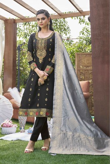 Banarasi Silk Woven Pant Style Suit In Black Colour - SM1357654