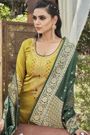 Banarasi Silk Woven Pant Style Suit In Green Colour - SM1357653