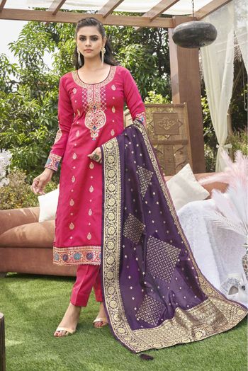 Banarasi Silk Woven Pant Style Suit In Rani Pink Colour - SM1357652