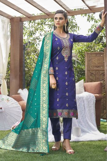 Banarasi Silk Woven Pant Style Suit In Royal Blue Colour - SM1357655
