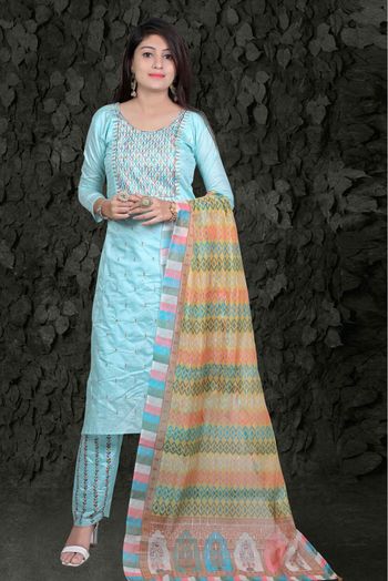 Chanderi Silk Embroidery Pant Style Suit In Blue Colour - SS5415198