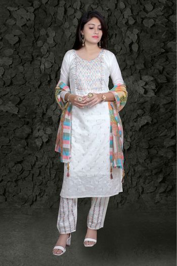 Chanderi Silk Embroidery Pant Style Suit In Off White Colour - SS5415199