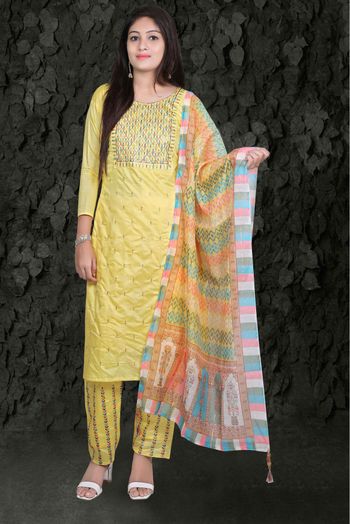 Chanderi Silk Embroidery Pant Style Suit In Yellow Colour - SS5415197