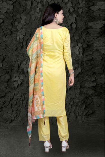 Chanderi Silk Embroidery Pant Style Suit In Yellow Colour - SS5415197