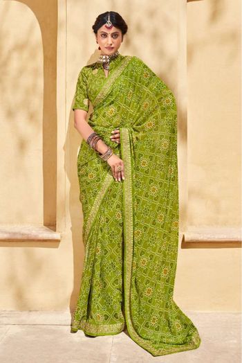 Chiffon Bandhani Print Saree In Green Colour - SR5415077
