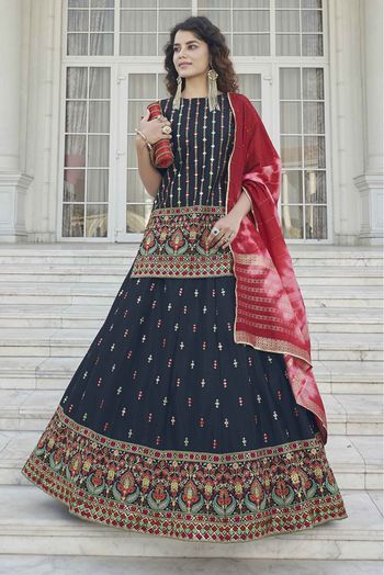Chinon Chiffon Embroidery Lehenga Suit In Navy Blue Colour SM3210951 A