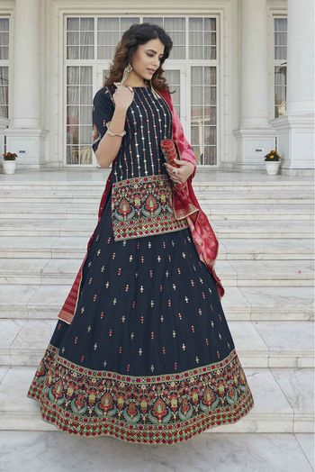 Chinon Chiffon Embroidery Lehenga Suit In Navy Blue Colour - SM3210951