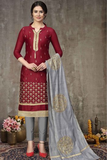 Cotton Embroidery Pant Style Suit In Maroon Colour SM3162007