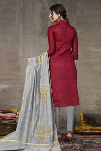 Cotton Embroidery Pant Style Suit In Maroon Colour SM3162007