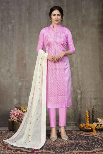 Cotton Embroidery Pant Style Suit In Pink Colour SM3162008