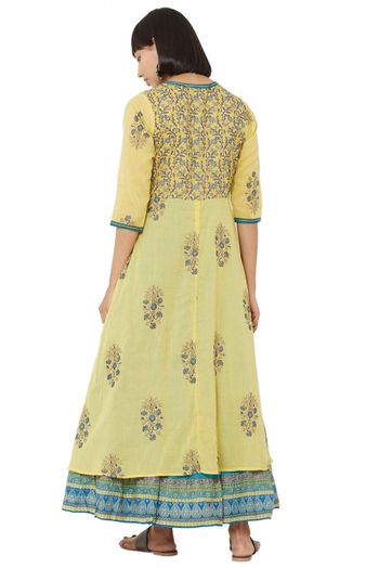 Cotton Gown In Yellow And Blue Colour - GW5480485