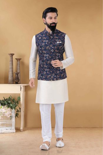 Cotton Kurta Pajama With Jacket In Blue Colour-KP5600059