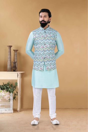 Cotton Kurta Pajama With Jacket In Blue Colour-KP5600065