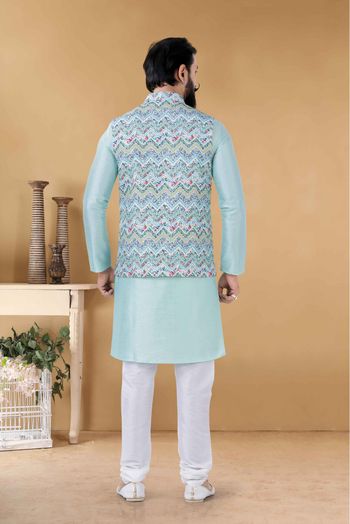 Cotton Kurta Pajama With Jacket In Blue Colour-KP5600065