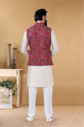 Cotton Kurta Pajama With Jacket In Red Colour-KP5600060