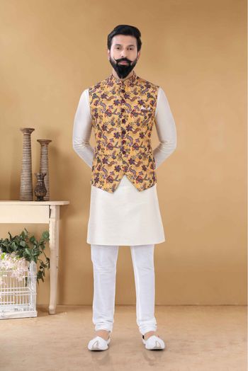 Cotton Kurta Pajama With Jacket In Yellow Colour-KP5600063