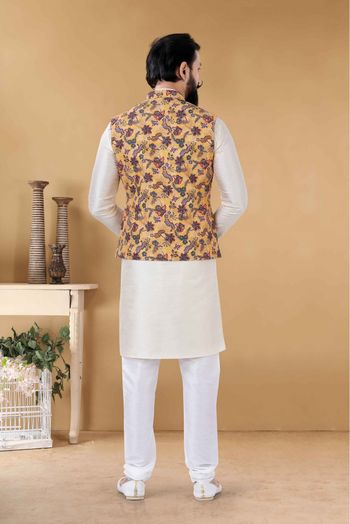 Cotton Kurta Pajama With Jacket In Yellow Colour-KP5600063