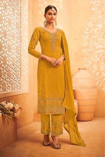 Faux Georgette Embroidery Pant Style Suit In Mustard Colour - SM5630004