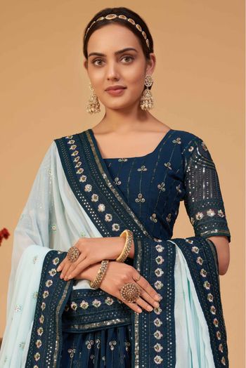 Georgette Embroidery Lehenga Choli In Teal Colour - LD3880478