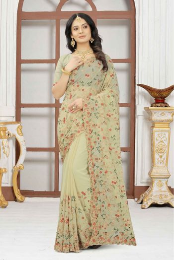 Georgette Embroidery Saree In Cream Colour - SR4690695