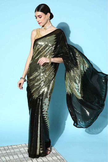 Raven Black Shimmery Patterned Cocktail Saree with Matching Blouse -  Seasons India