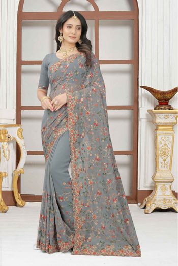 Georgette Embroidery Saree In Grey Colour - SR4690699