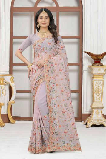 Georgette Embroidery Saree In Lavender Colour - SR4690697