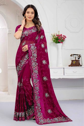 Georgette Embroidery Saree In Pink Colour - SR1543558