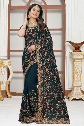 Georgette Embroidery Saree In Teal Colour - SR4690696