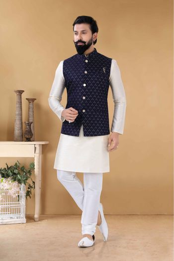 Jacquard Kurta Pajama With Jacket In Blue Colour-KP5600057