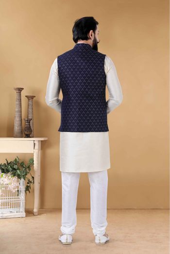 Jacquard Kurta Pajama With Jacket In Blue Colour-KP5600057