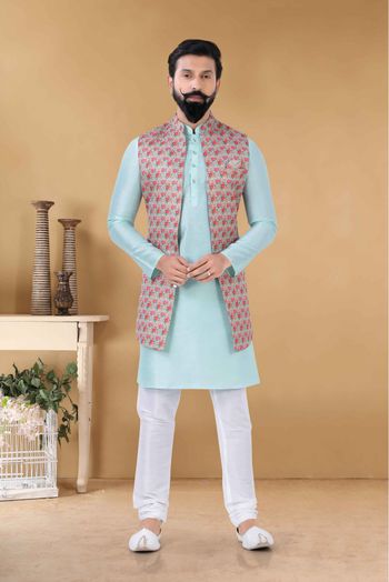 Jacquard Kurta Pajama With Jacket In Blue Colour-KP5600064