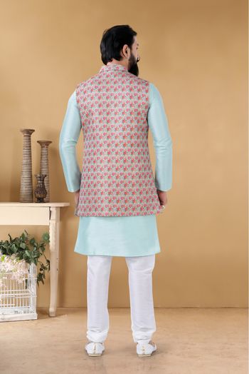 Jacquard Kurta Pajama With Jacket In Blue Colour-KP5600064