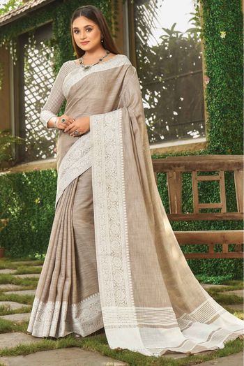 Linen Woven Saree In Beige Colour - SR5414527