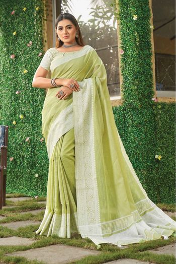 Pista Green Striped Printed Georgette Saree