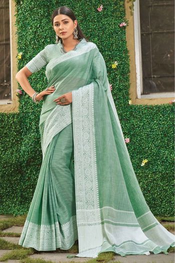 Linen Woven Saree In Sea Green Colour - SR5414528