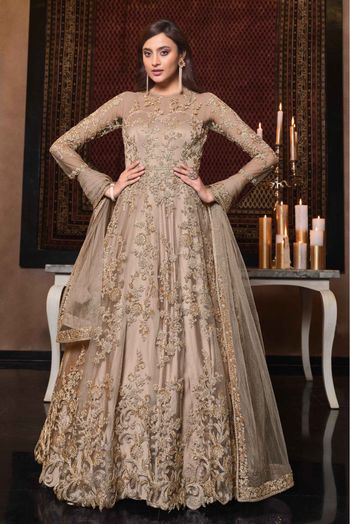 Beige Color Party Wear Net Semi Stitched Anarkali Gown Dress with Maro –  fashionnaari