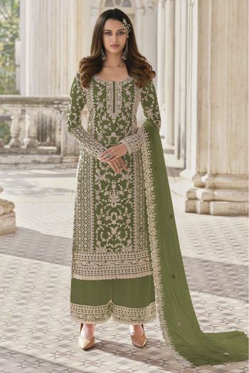 Net Embroidery Palazzo Pant Suit In Grey Colour - SM5630056